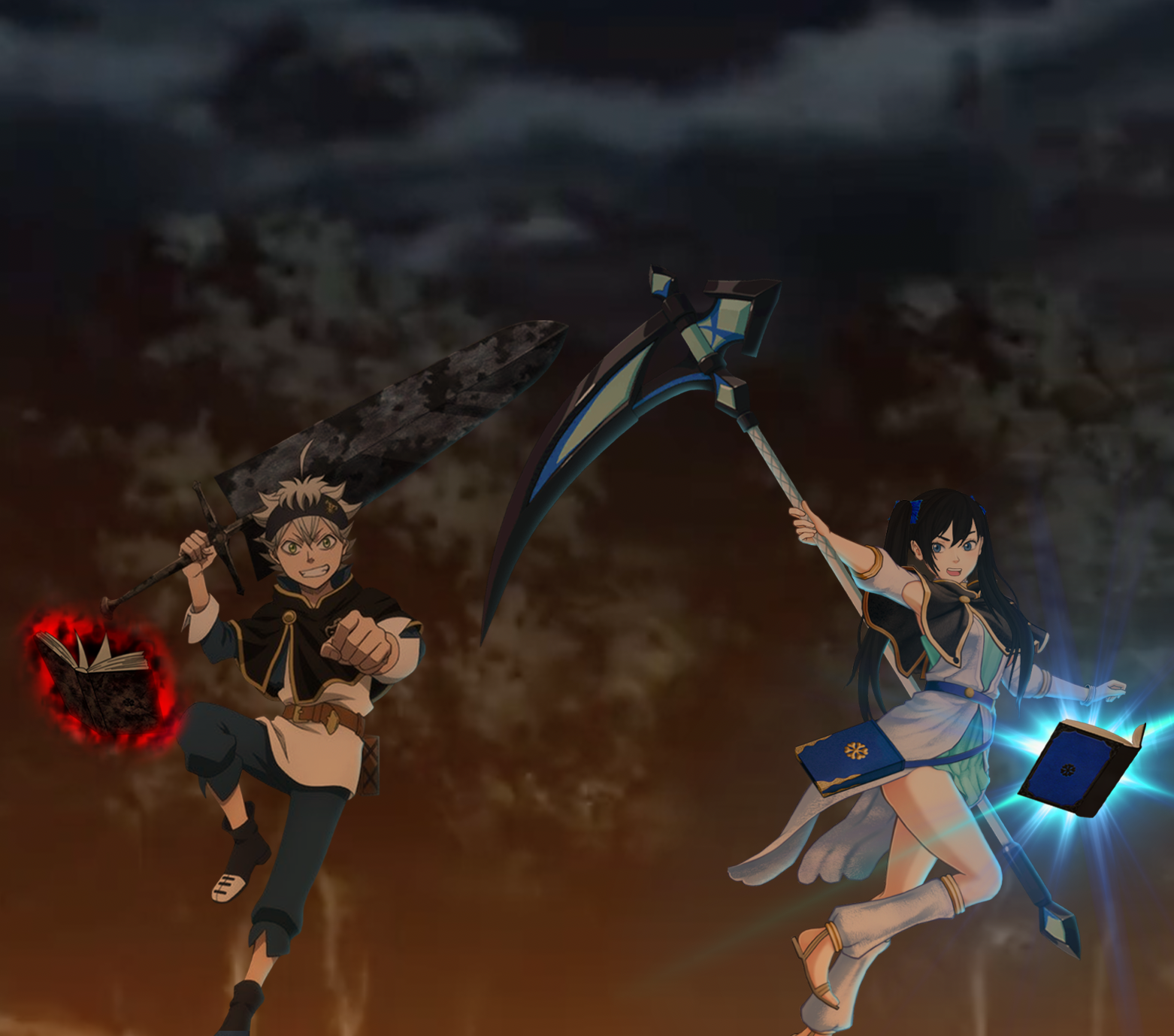 My original female character with her scythe and an official character, Asta, with his sword