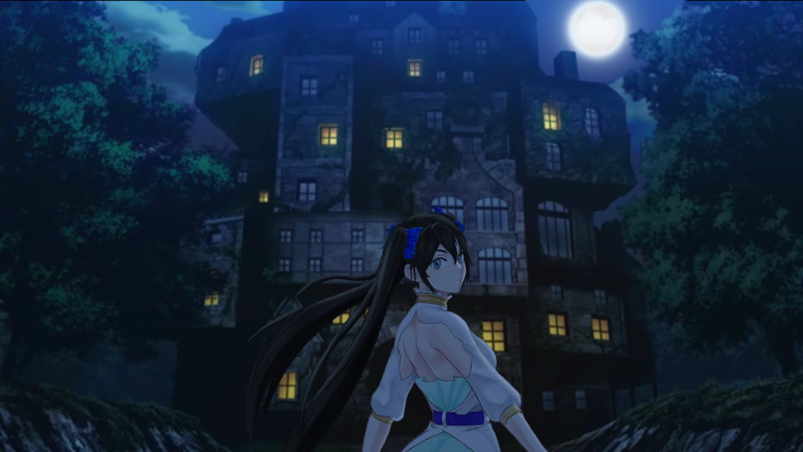 My original female character in front of a building at night