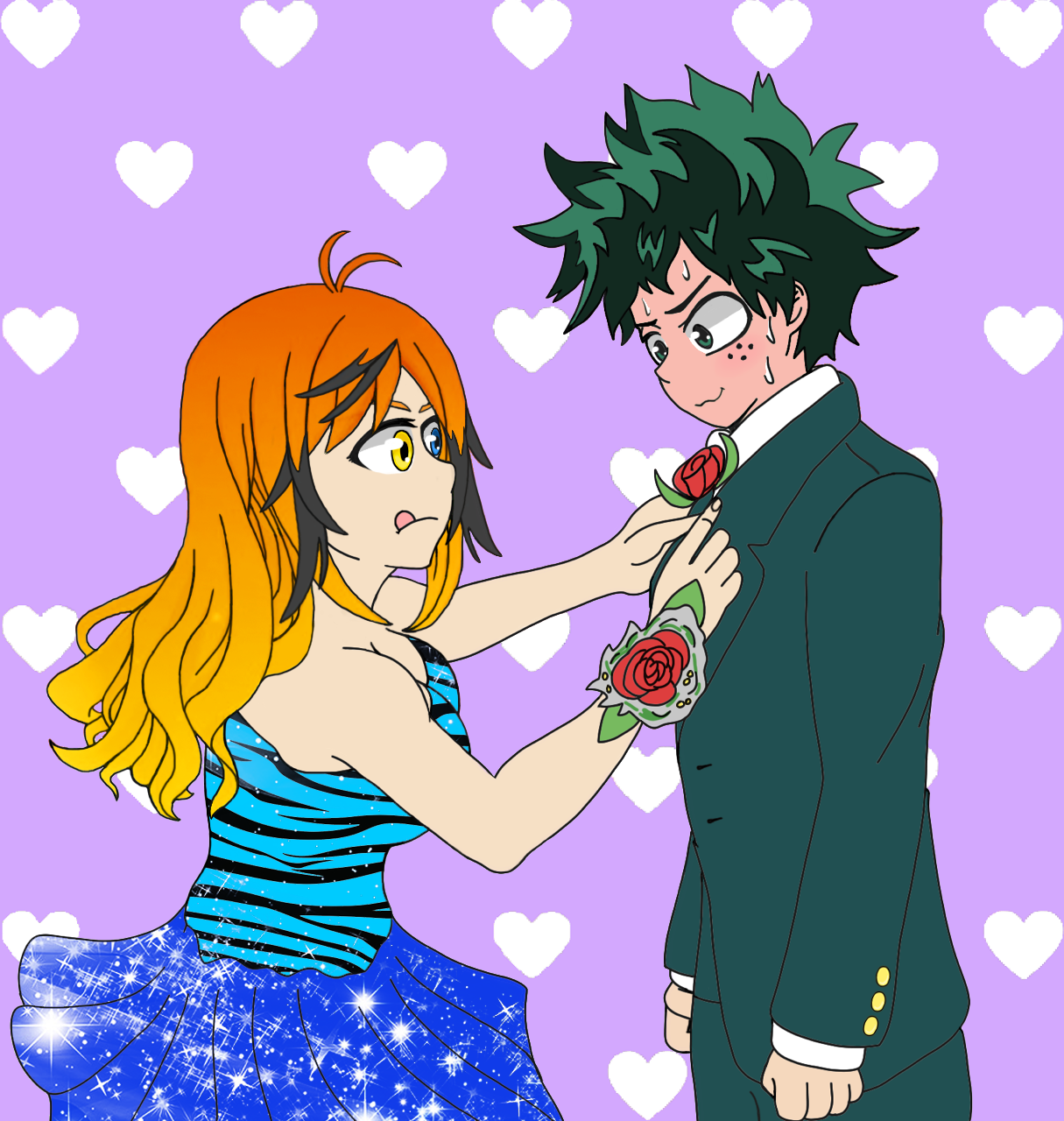 My original female character in a dress putting a flower on Izuku Midoriya's suit against a light purple background with white hearts