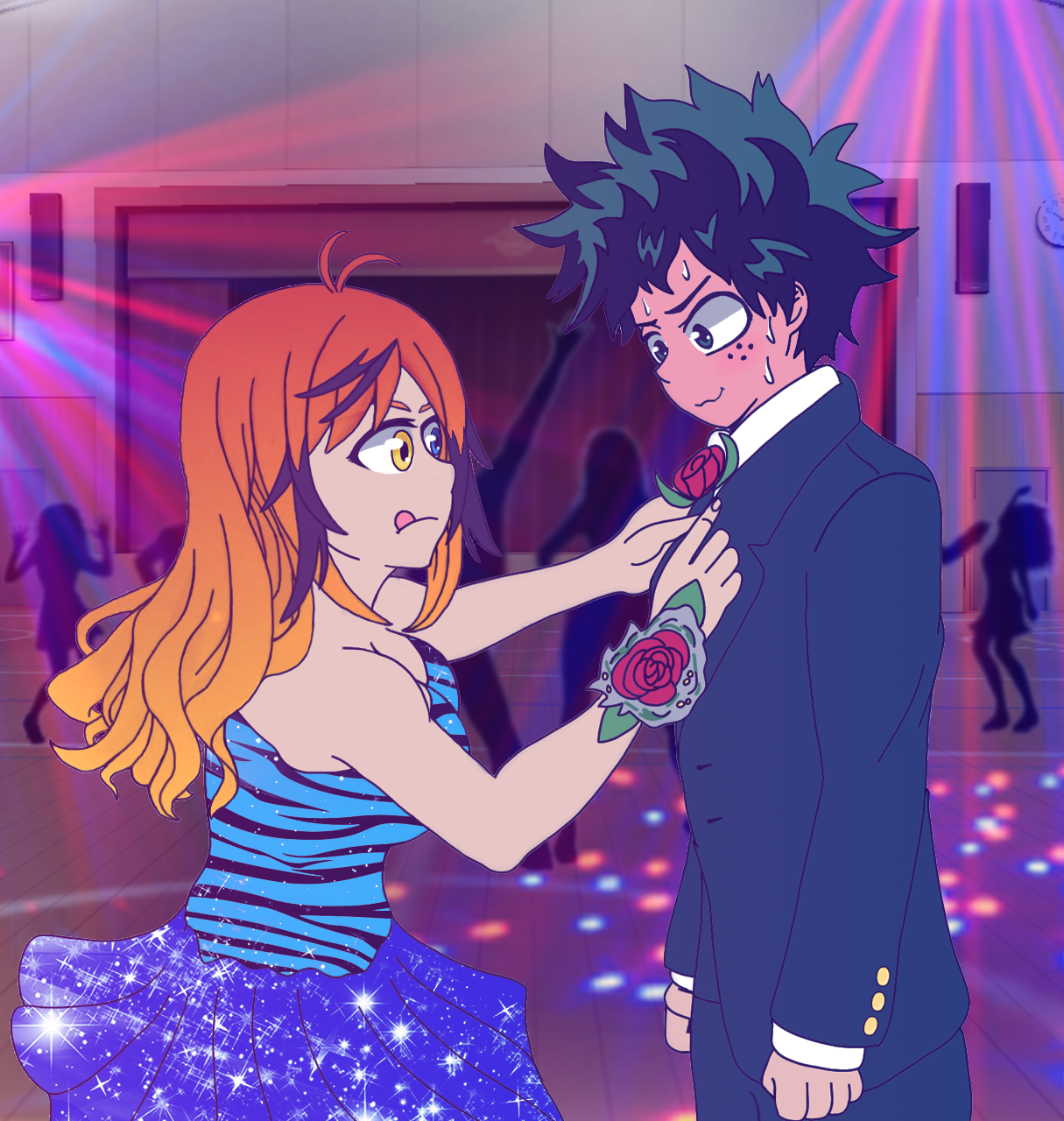 My original female character in a dress putting a flower on Izuku Midoriya's suit in a school dance setting