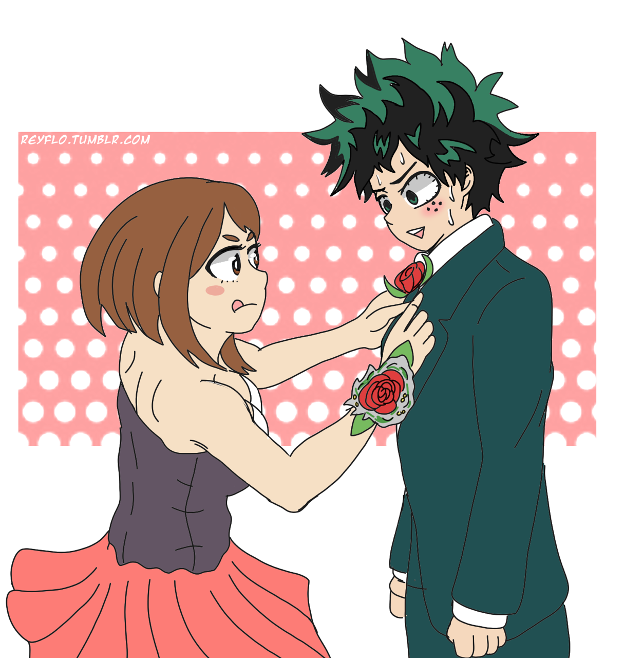 Ochaco Uraraka in a dress putting a flower on Izuku Midoriya's suit against a pink background with white polka dots