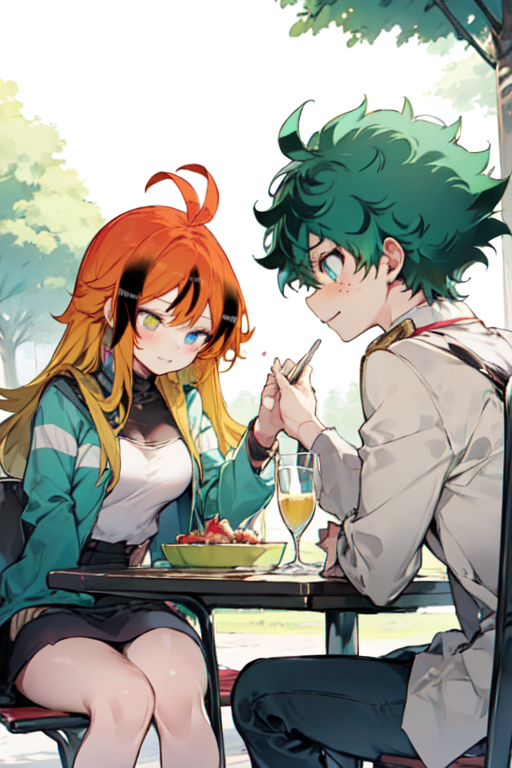 A girl with a blue and gold eye and black streaked orange to blonde fading hair at a picnic table outside with Izuku Midoriya