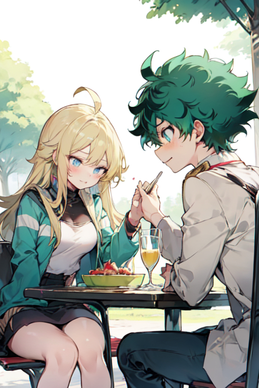 A girl with blue eyes and blonde hair at a picnic table outside with Izuku Midoriya