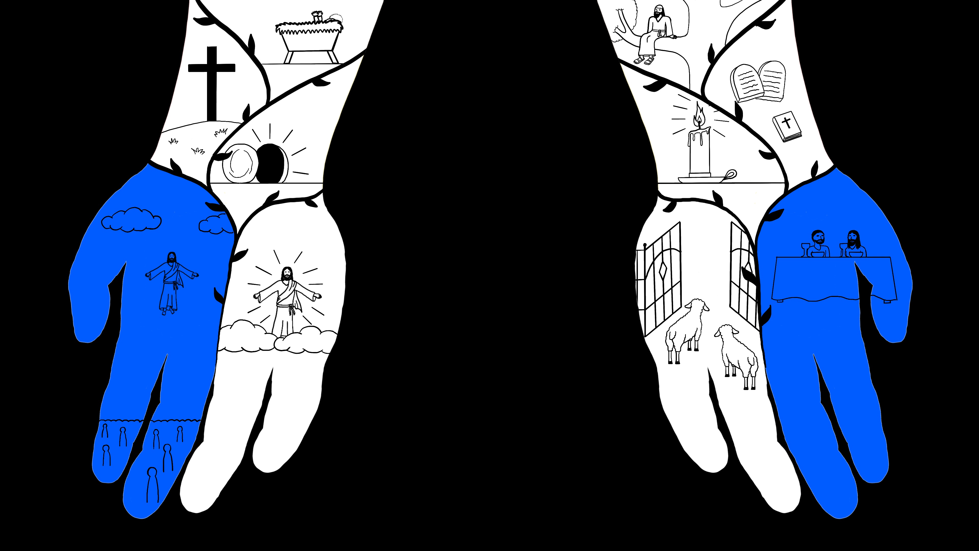 A drawing consisting of straight, curved, and diagonal lines