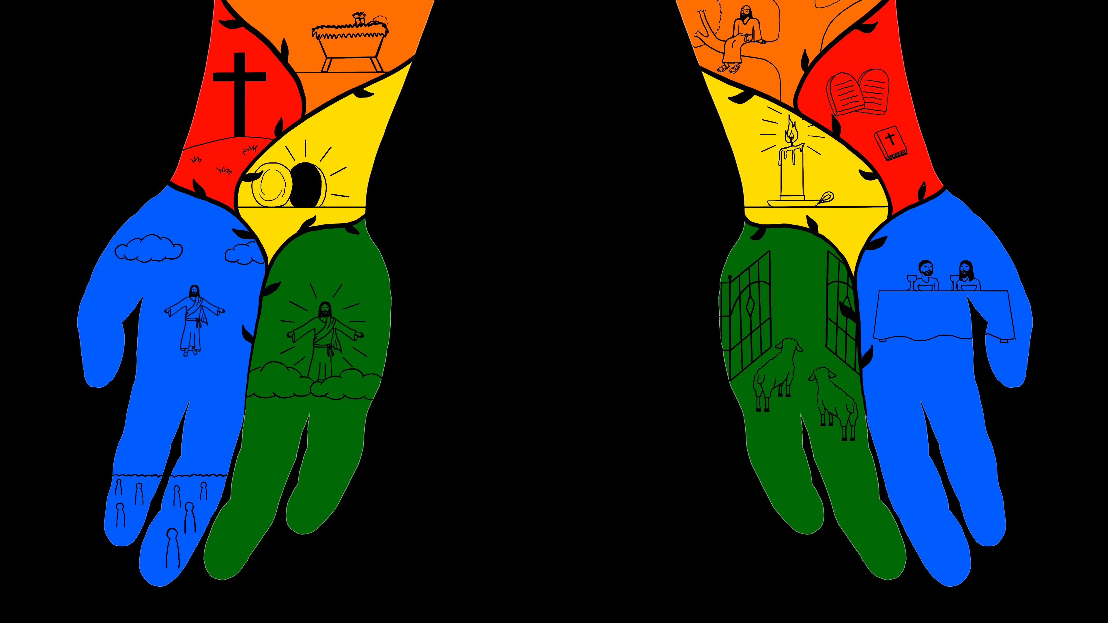 A pair of hands colored in stained glass fashion with images in each colored section