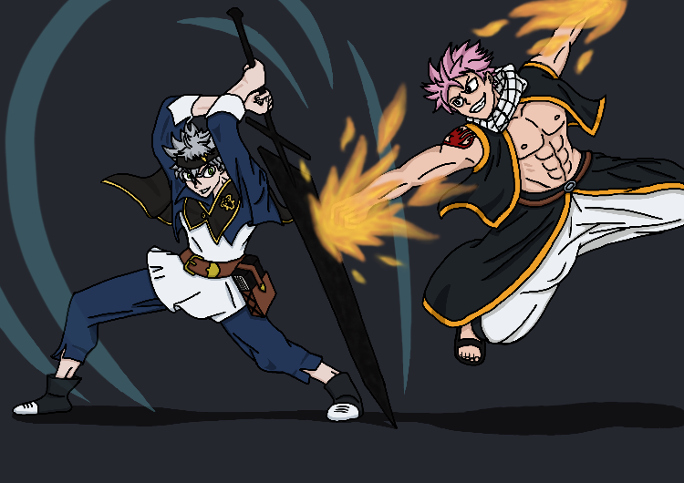 A digital drawing of Asta and Natsu sparring