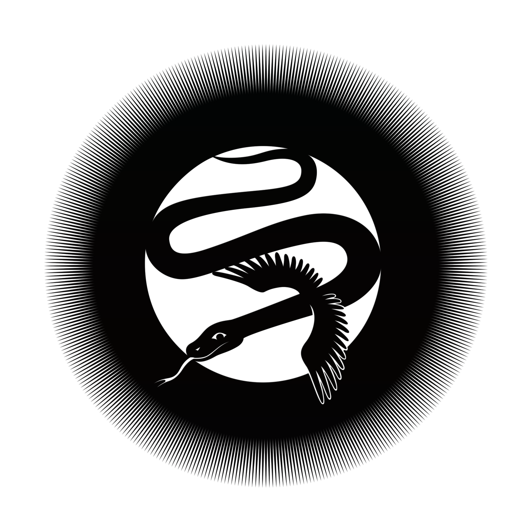 A logo consisting of a snake with wings surrounded by a hollow radial aura