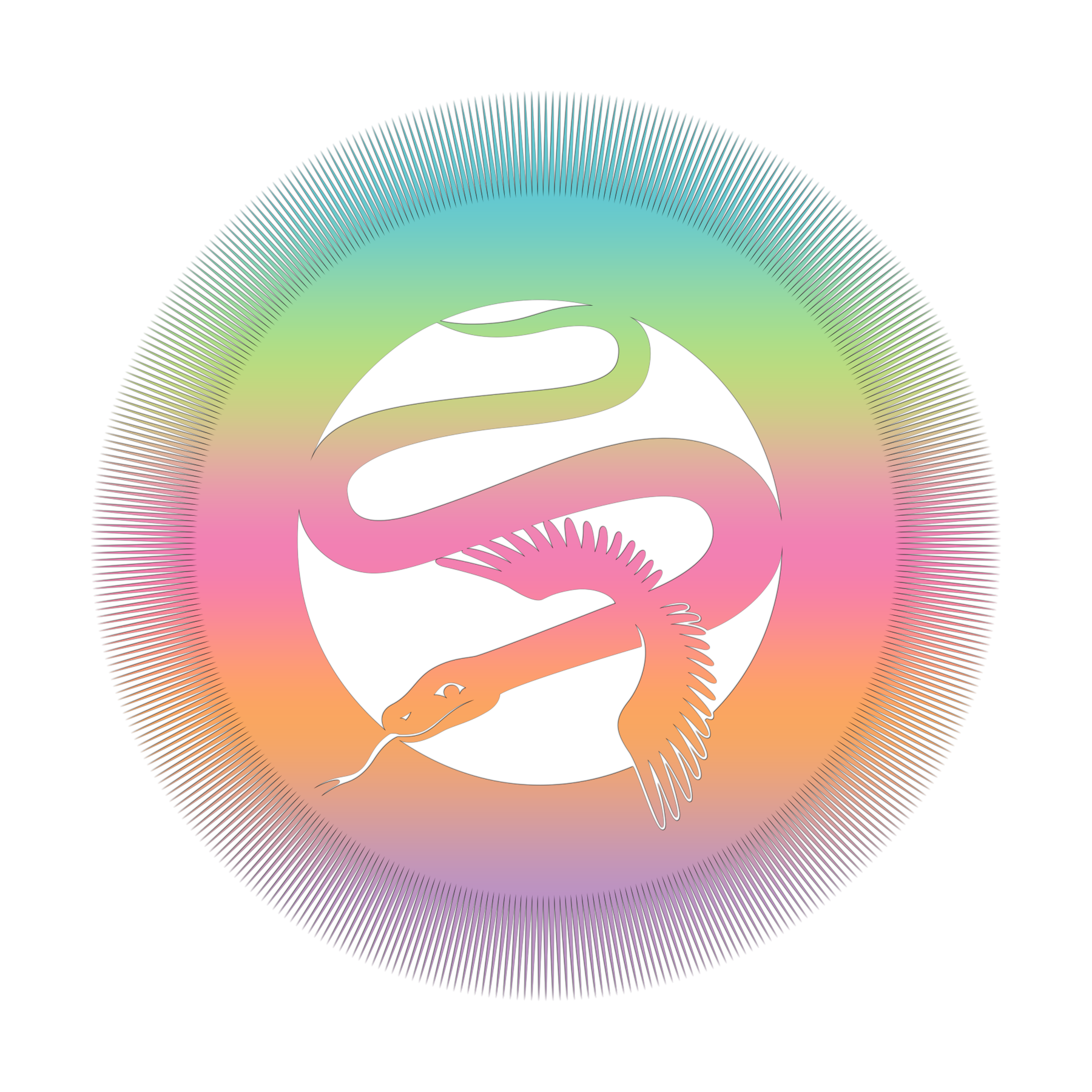 A holographic snake with wings surrounded by a hollow holographic radial aura against a black background