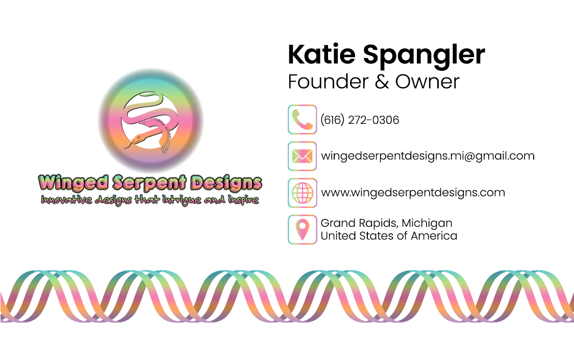 The design for the back of the business card which is white with the colorful gradient spiral design below the black colored information (on the right half) and logo and company name (on the left half) which has the same colorful gradient