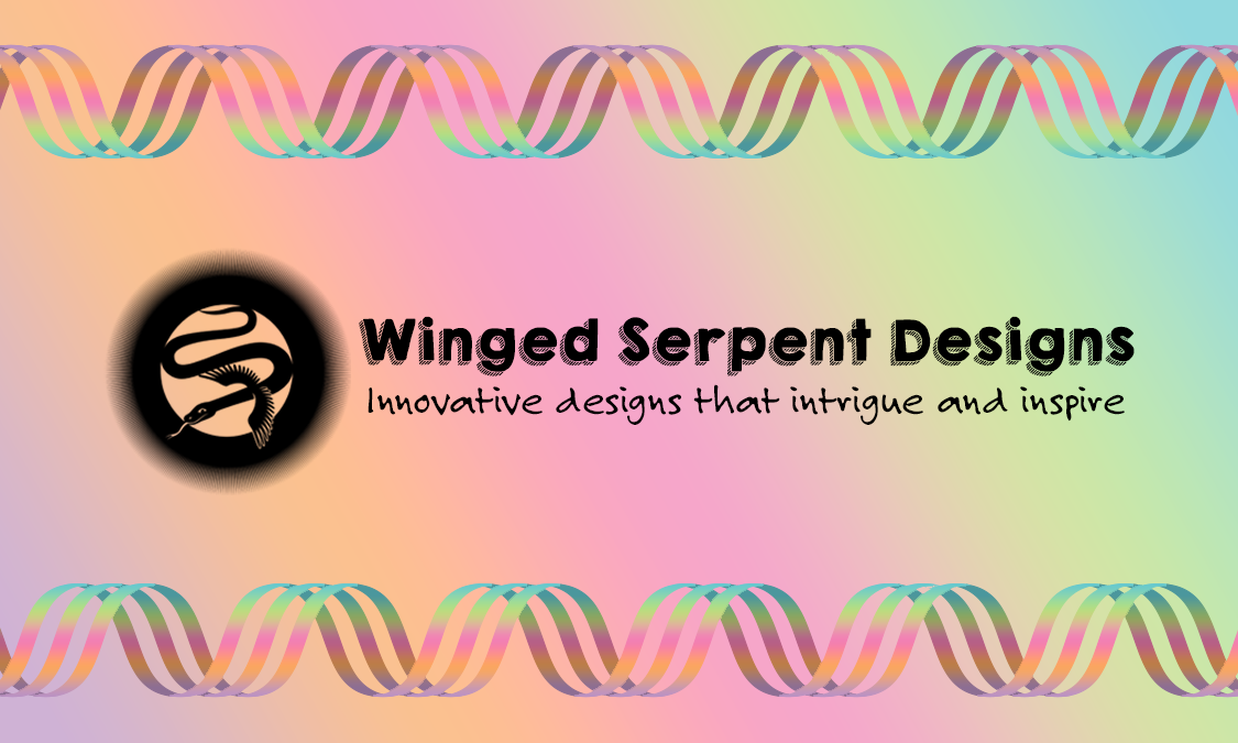 The design for the front of the business card with a colorful gradient background and spiral designs above and below the black colored company name and logo which has a snake with wings surrounded by a radial aura