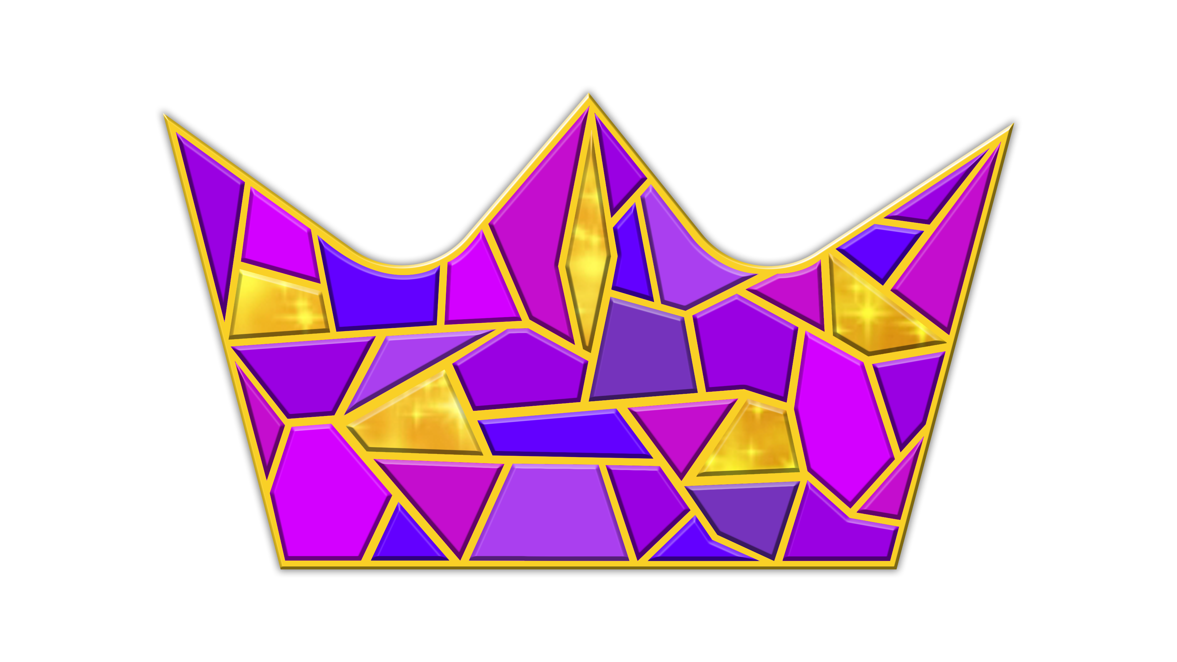 A stained glass style crown with glittering gold and different hues of purple