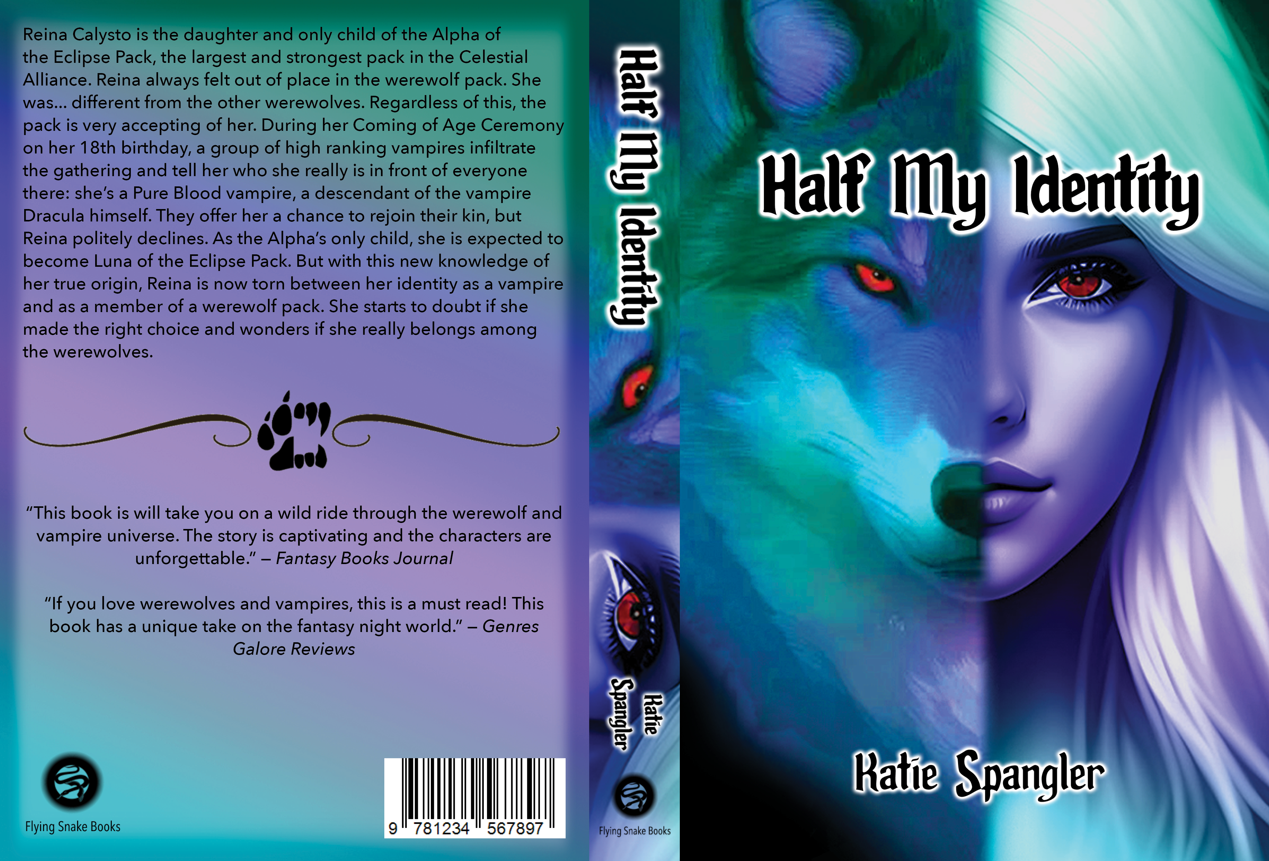 The flat design of a novel book cover with half the face of a wolf and half the face of a girl on the right of the spine, which has the title and author name, and the synopsis on the left