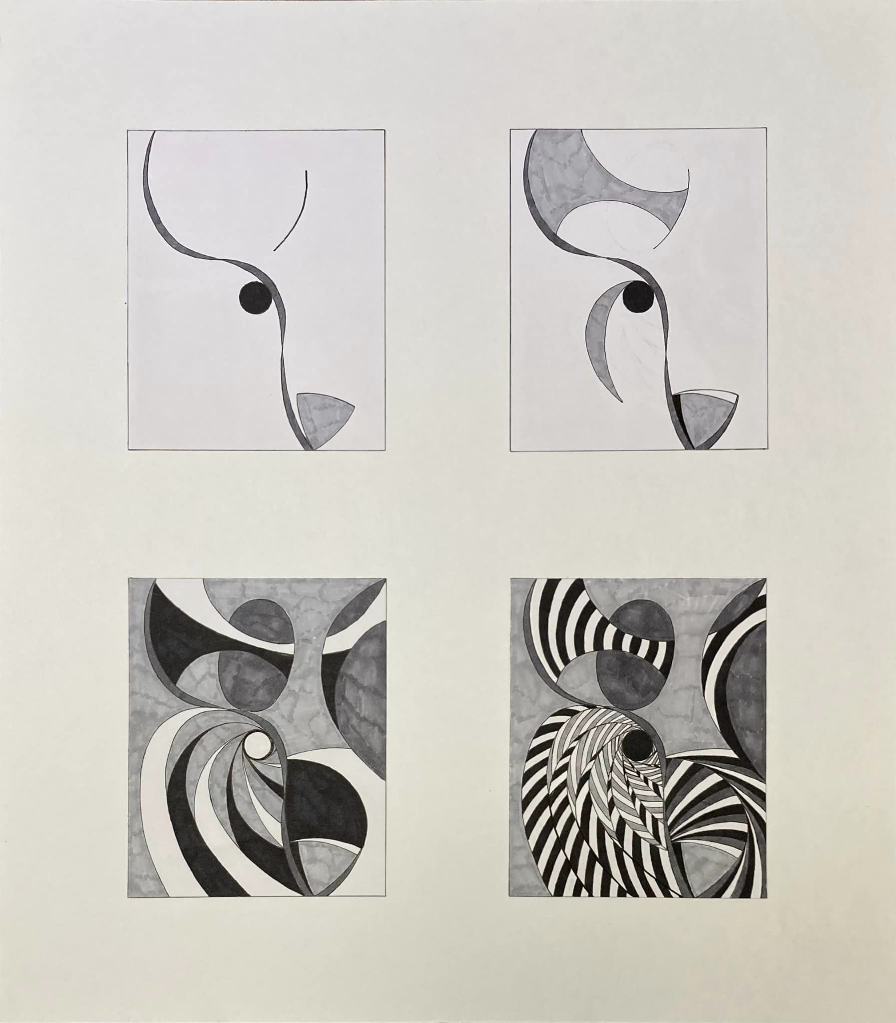 A collection of four drawings of curved lines, each drawing more complicated than the last