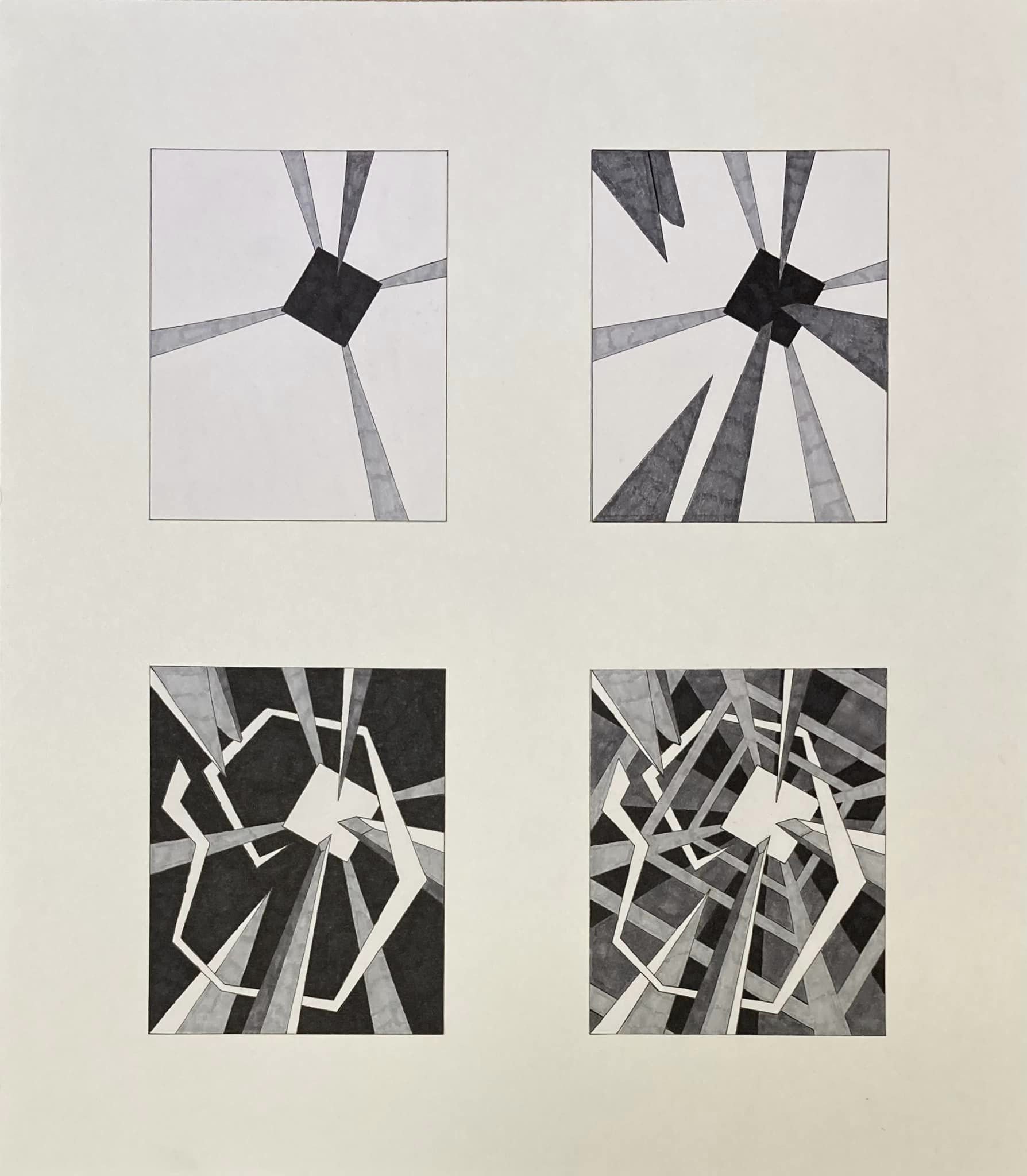 A collection of four drawings of diagonal lines, each drawing more complicated than the last