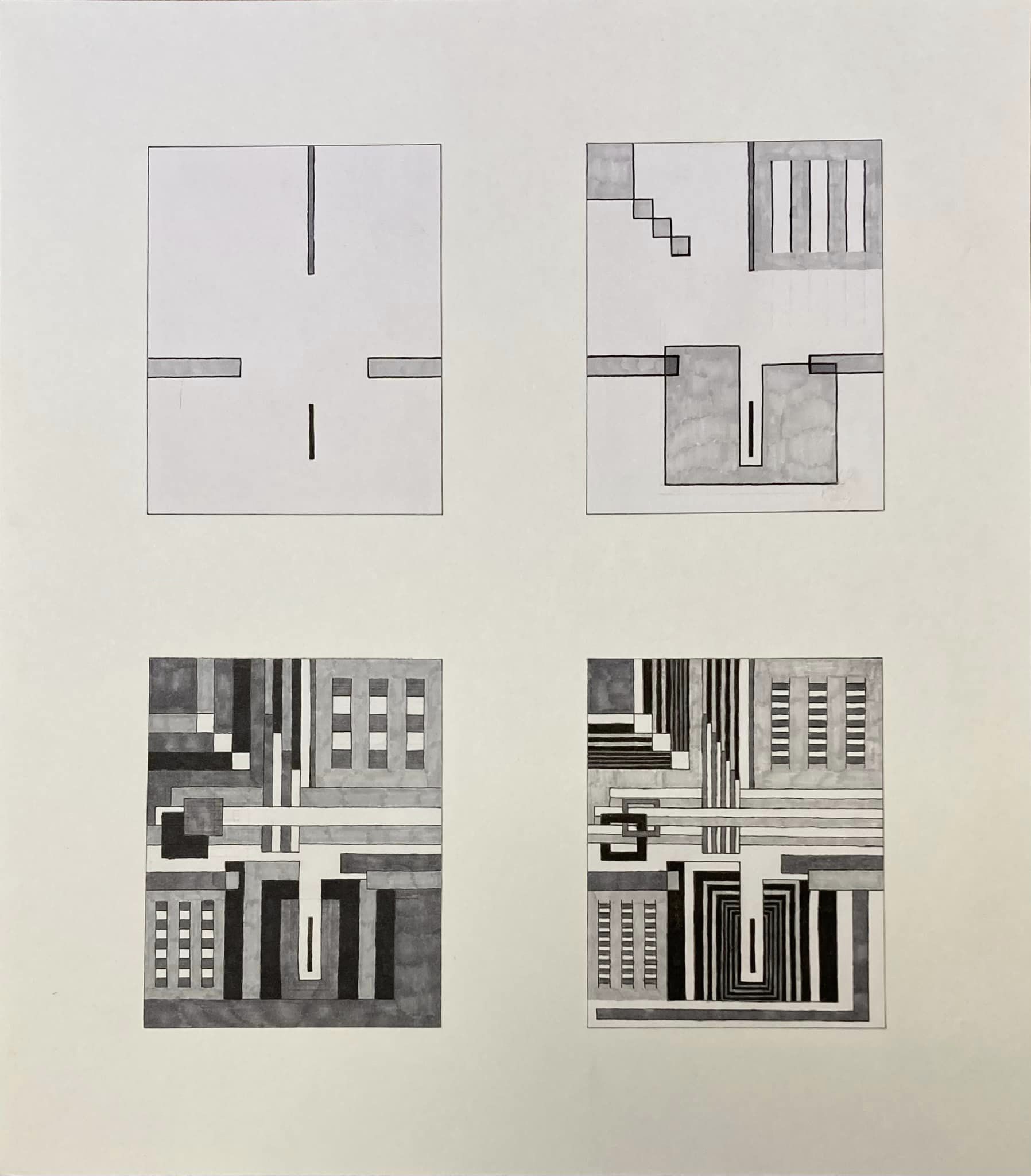 A collection of four drawings of straight lines, each drawing more complicated than the last