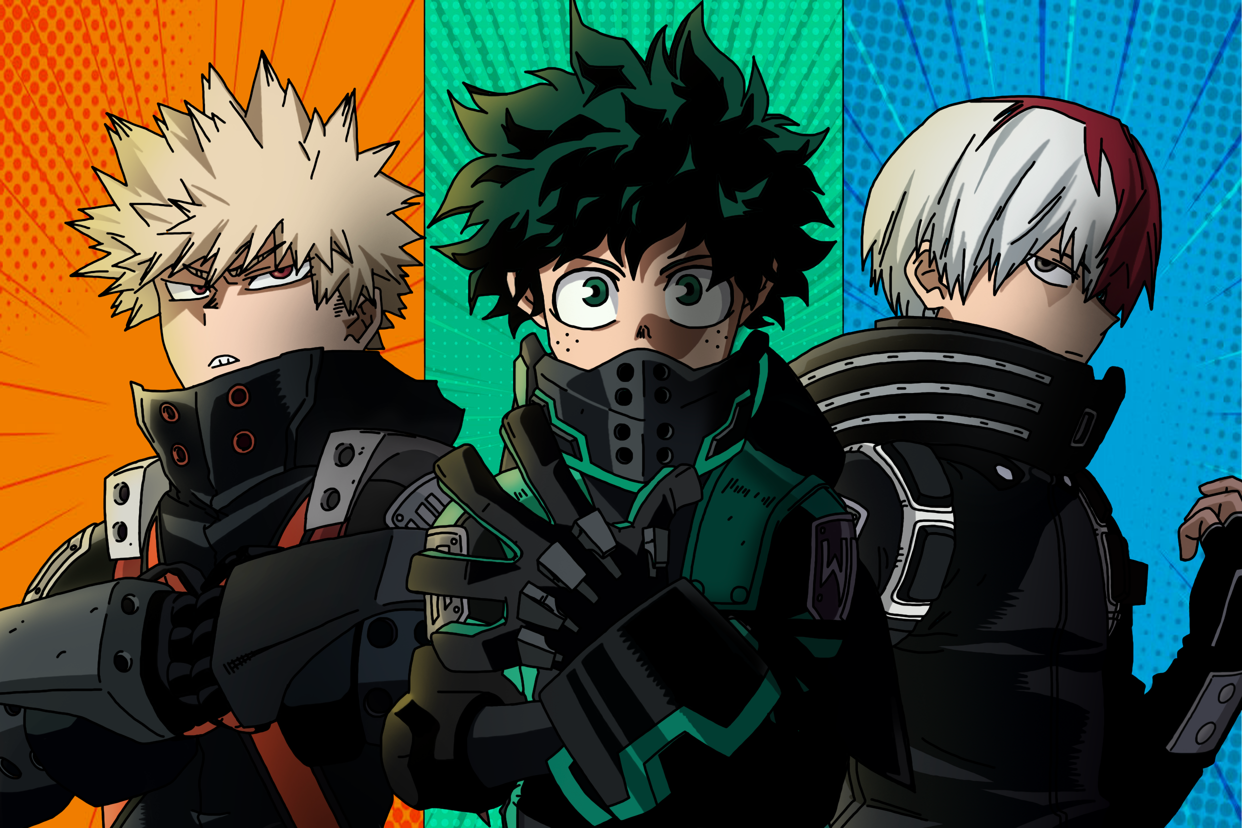 Katsuki Bakugo, Izuku Midoriya, and Shoto Todoroki in their stealth hero costumes