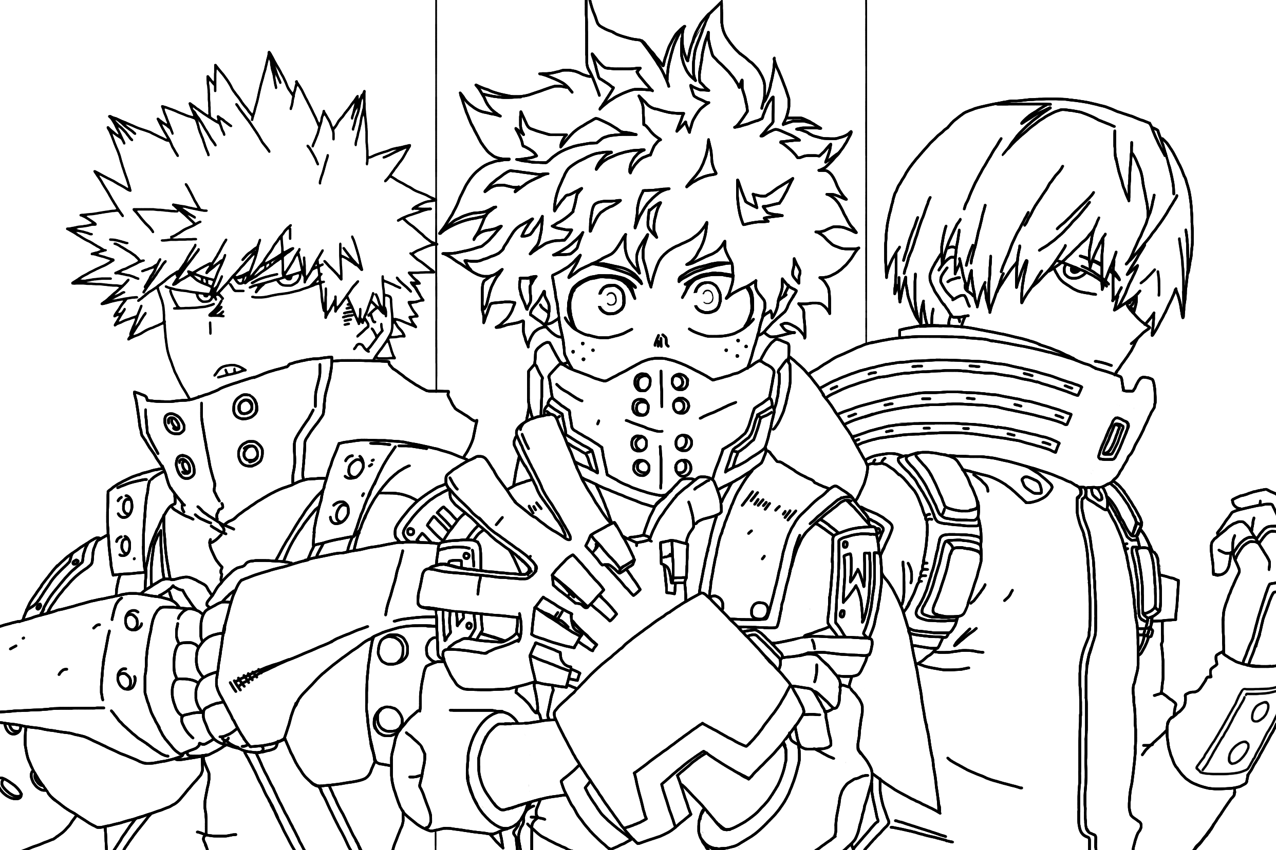 Lineart drawing of Katsuki Bakugo, Izuku Midoriya, and Shoto Todoroki in their stealth hero costumes