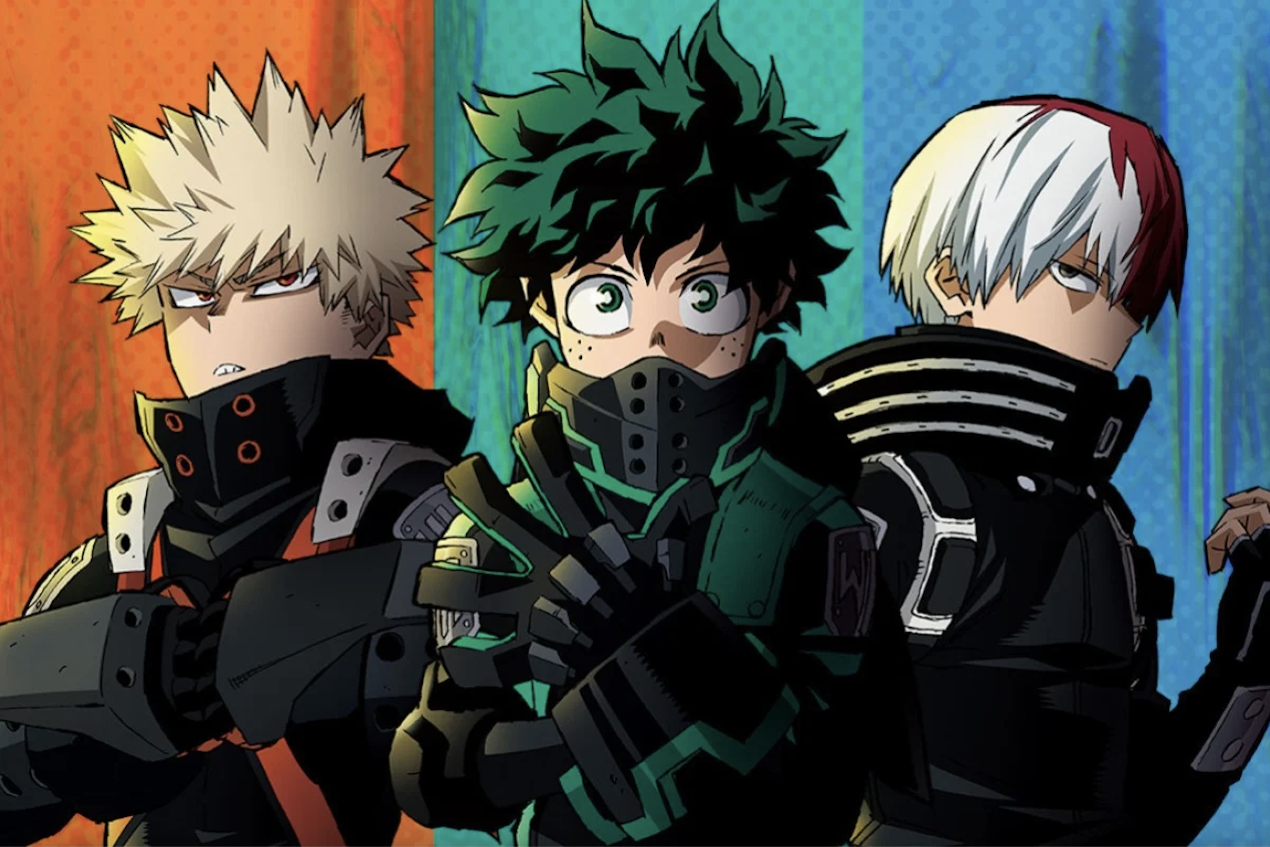 Katsuki Bakugo, Izuku Midoriya, and Shoto Todoroki in their stealth hero costumes