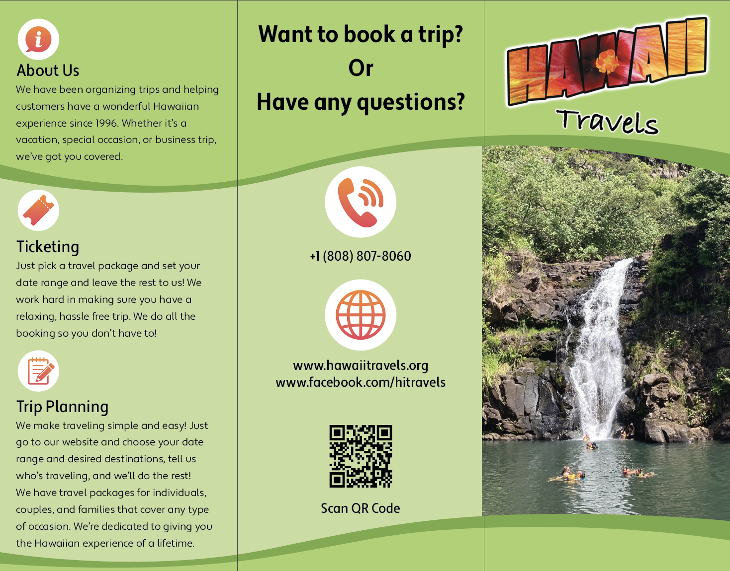 The outside design of the brochure which is primarily green in color with the information on the left panel, the contact info on the middle panel and a picture of a waterfall on the front panel with the name of the travel agency at the top