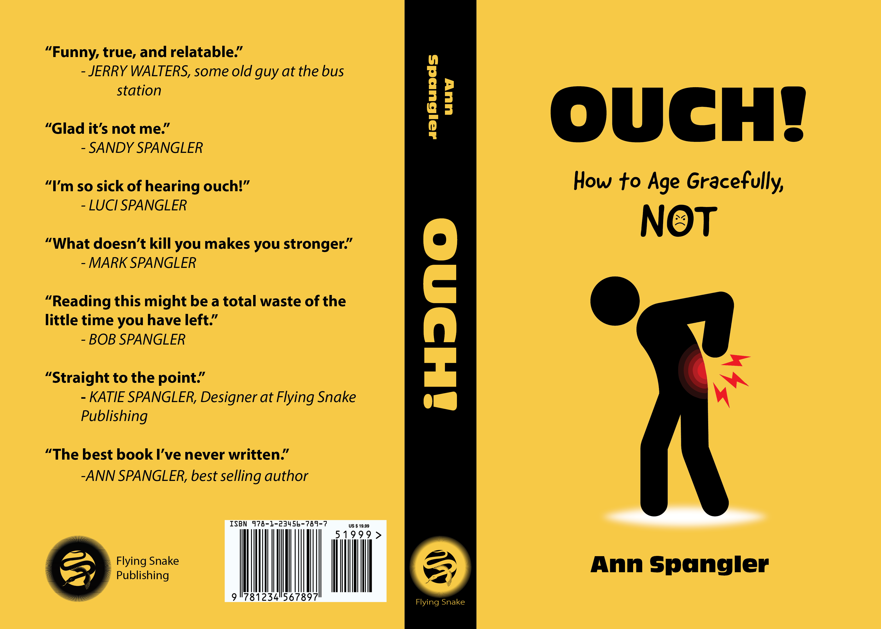 The flat design of a yellow book cover with a simple silhouette of person with back pain below the title and subtitle