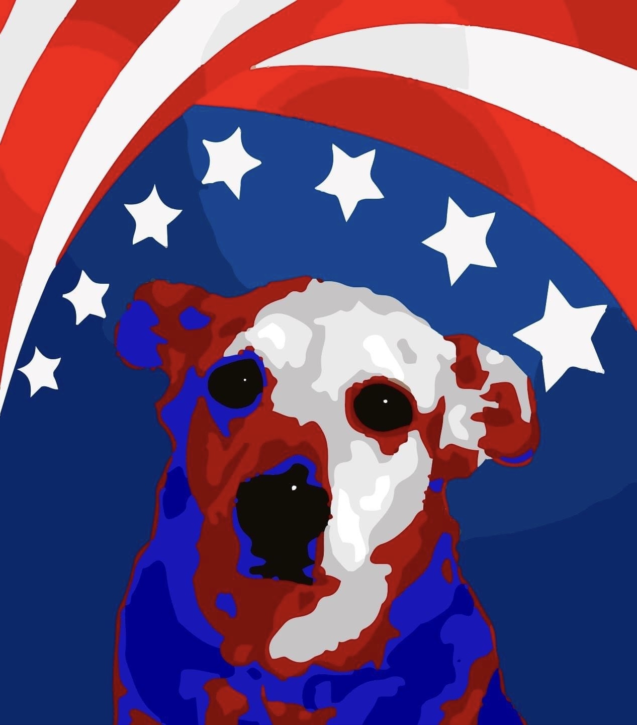 A red, white, and blue colored dog against an American flag themed background