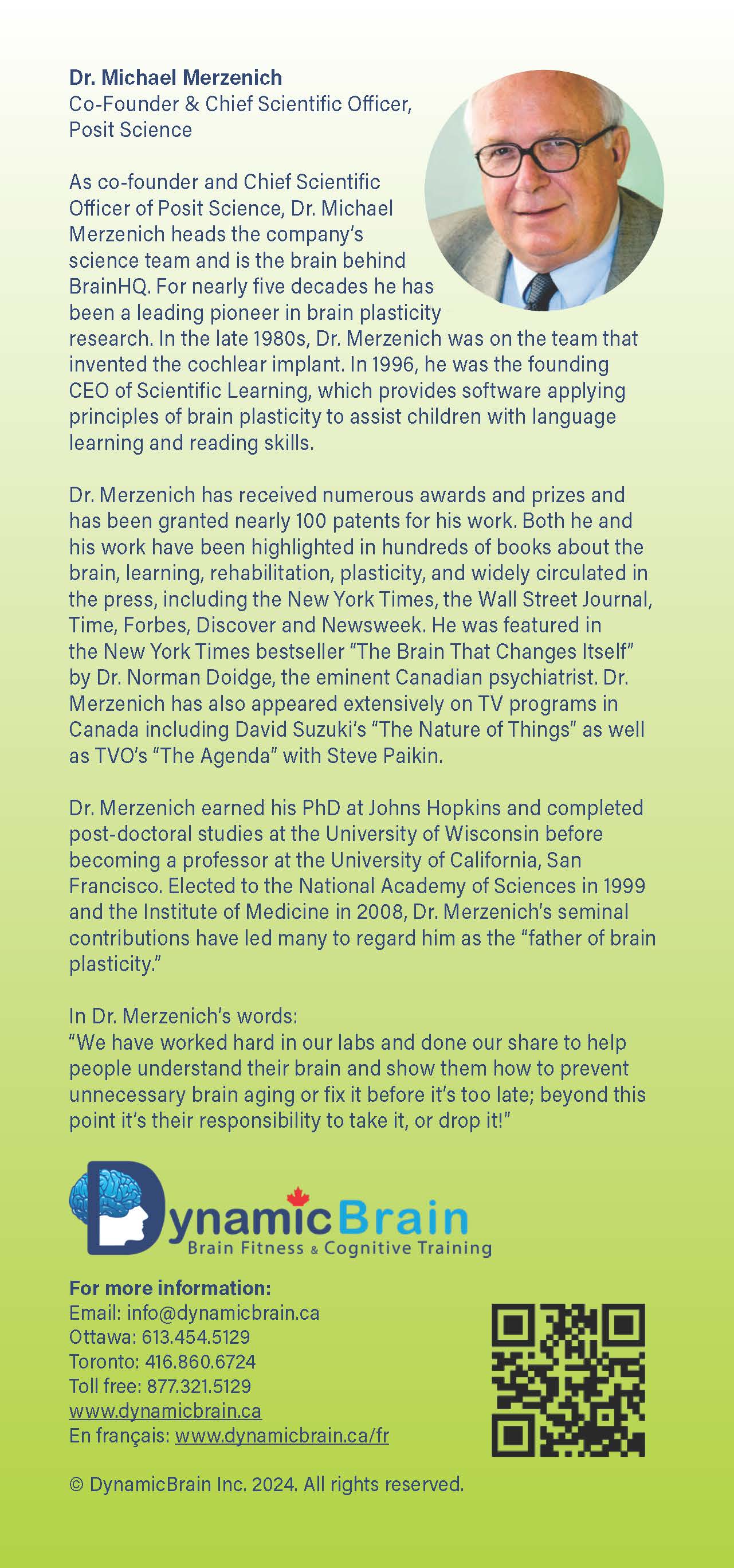 A rack card with a circular picture of a doctor and information about him, plus contact info for Dynamic Brain at the bottom