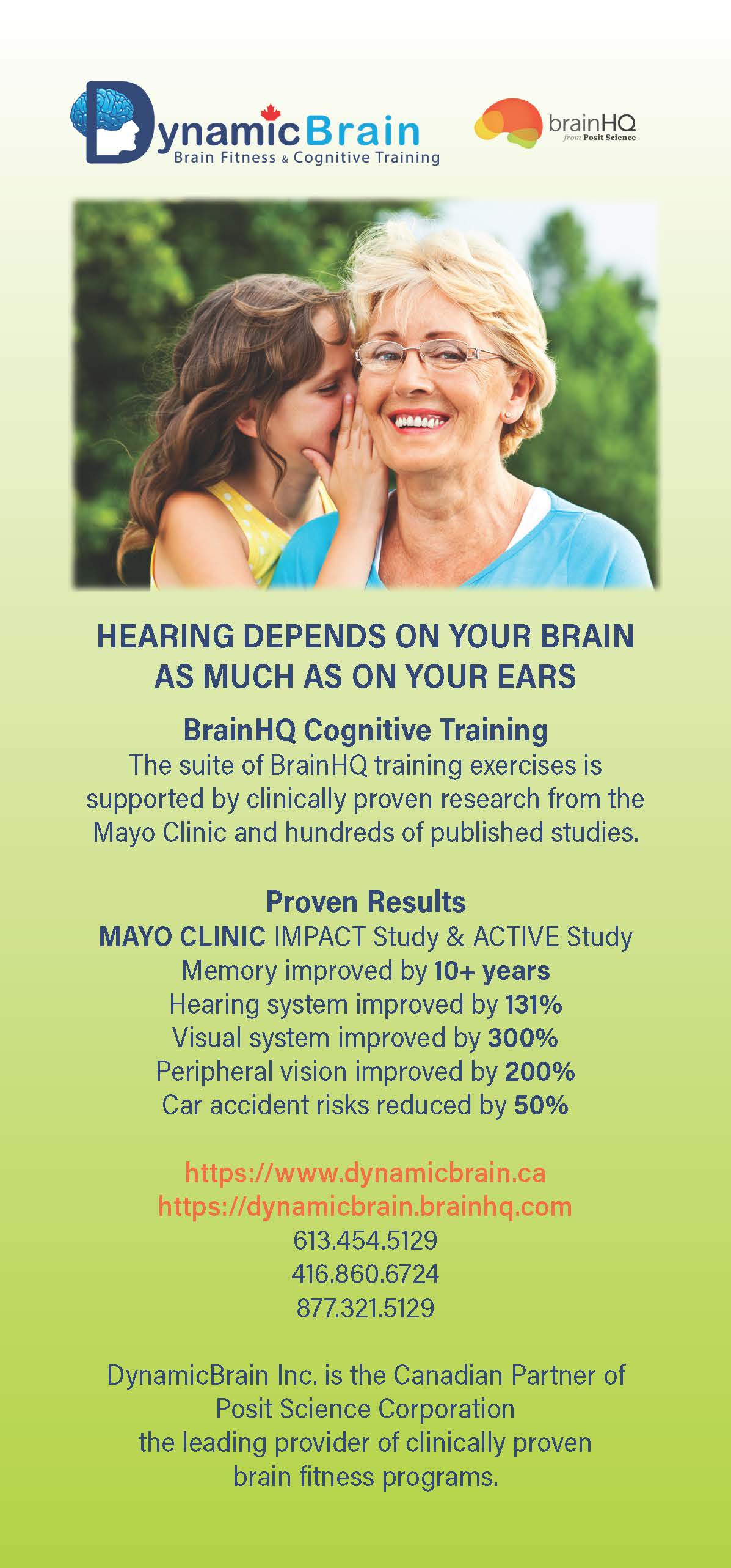 A rack card with an image of a girl whispering to an elderly woman towards the top and information below