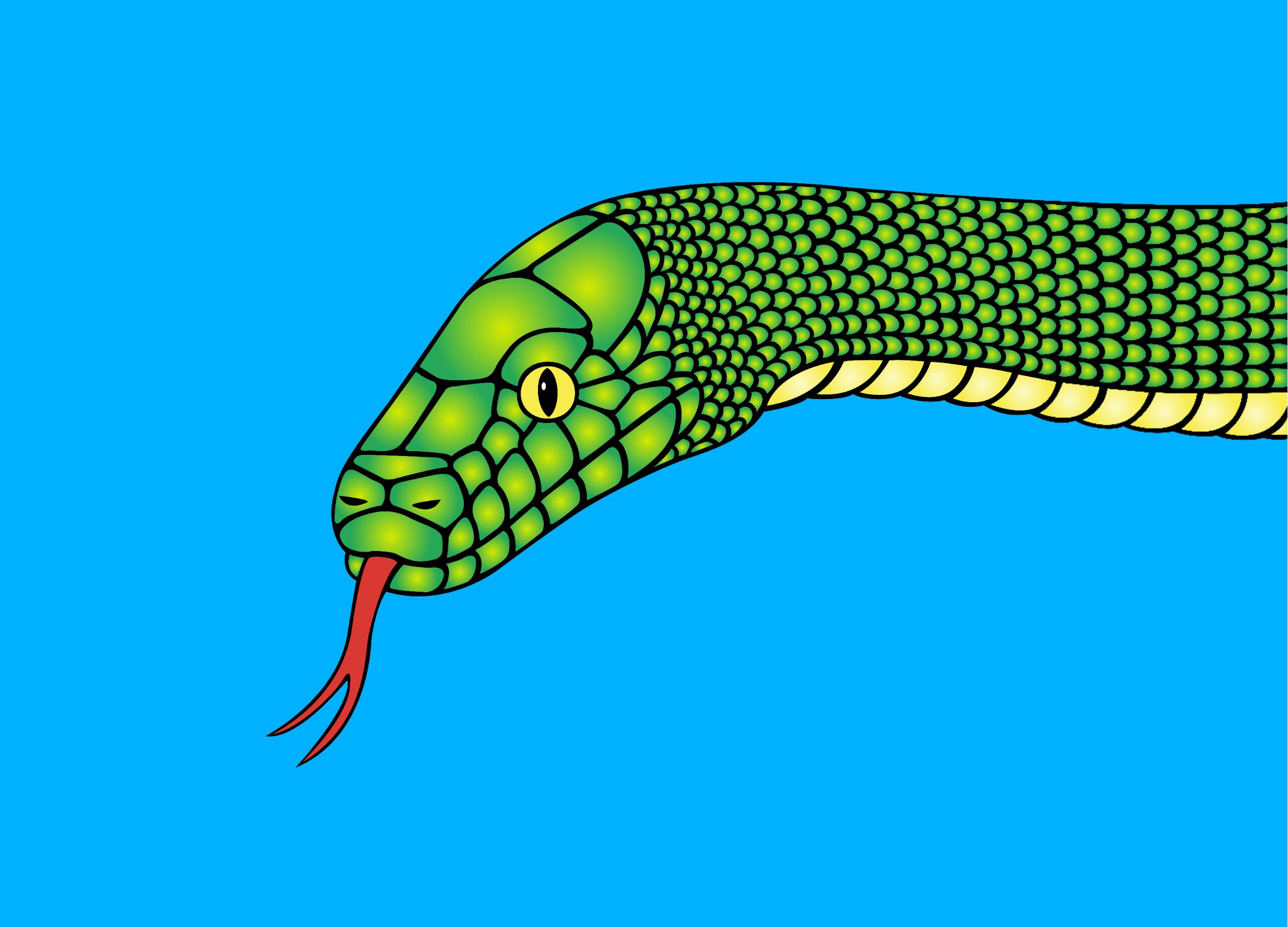 A scaly green snake with a red tongue and yellow eyes against a light blue background