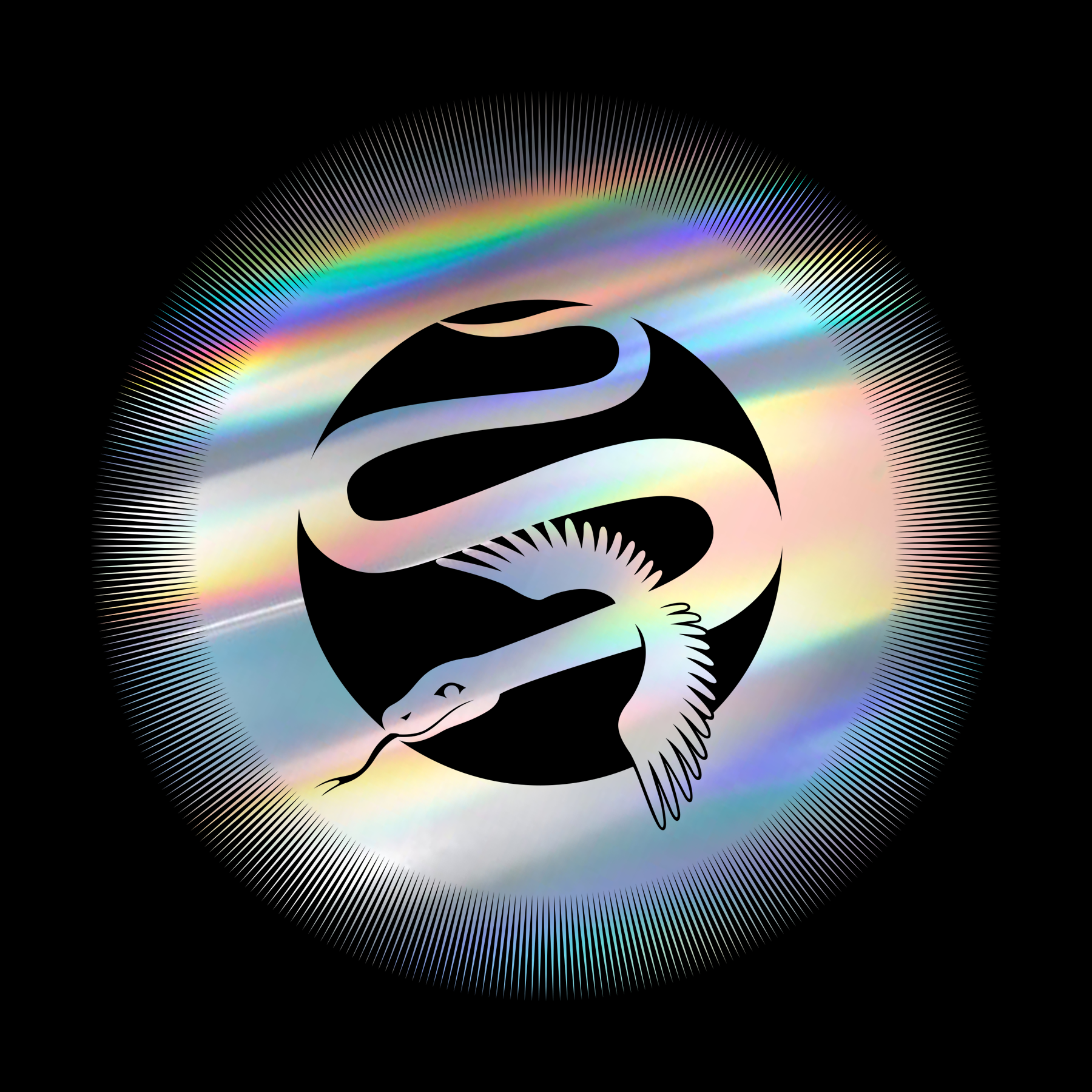 A holographic snake with wings surrounded by a hollow holographic radial aura against a black background