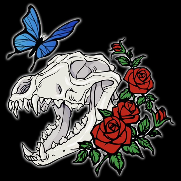 A wolf skull with red roses and a blue butterfly