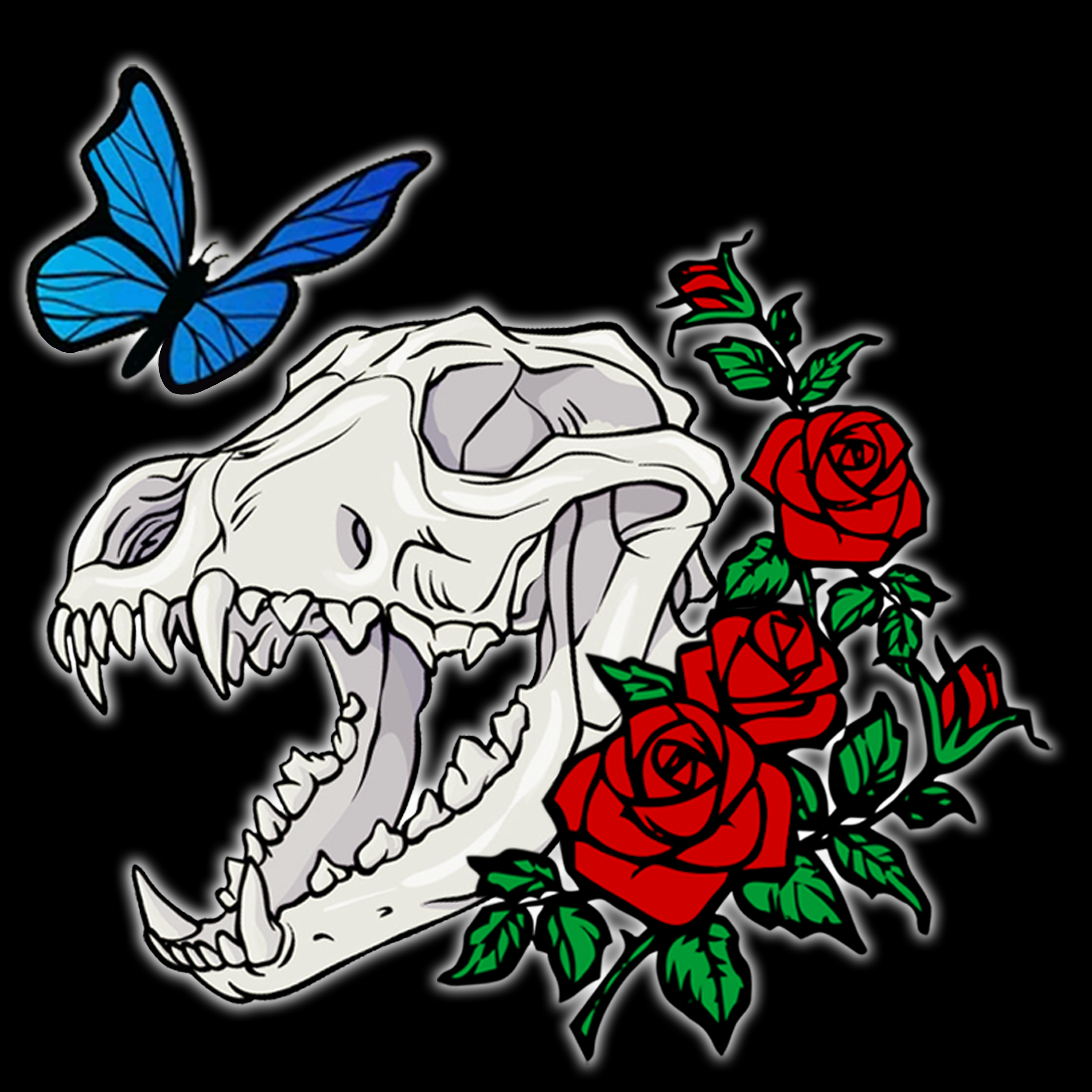 A wolf skull with red roses and a blue butterfly